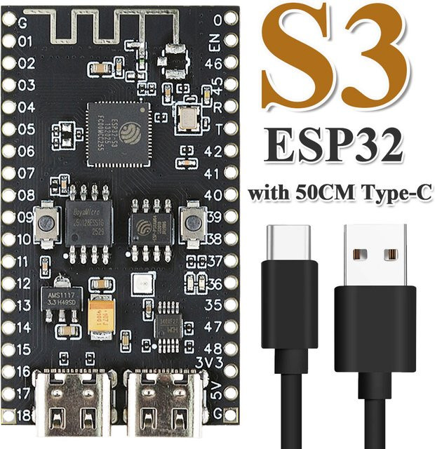 ESP32-S3 N16R8 Entwicklungsboard mit 16MB Flash, 8MB PSRAM, WS2812 LED und USB-C Anschluss in Schwarz - Bild 1