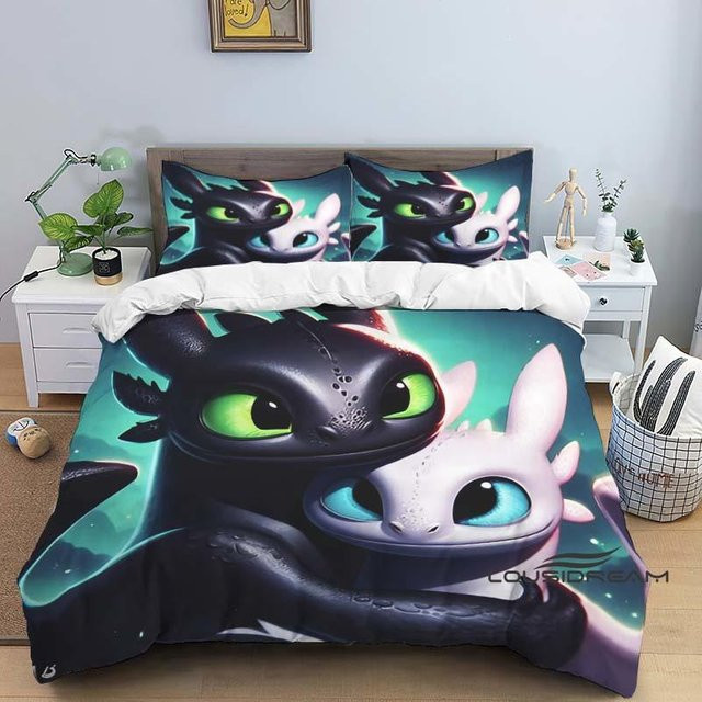 Drachenzähmen leicht gemacht 3-teiliges Bettwäsche-Set mit Cartoon-Print in Grau und Blau, bestehend aus einem Bettbezug und Kissenbezügen, B/H: 135 x 200 cm - Bild 1