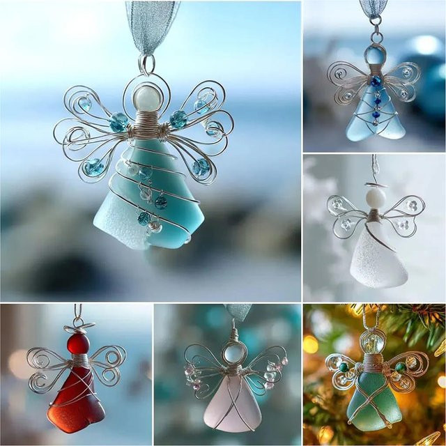 Handgefertigter Seeglas-Engel als Weihnachtsbaumschmuck, Anhänger aus Glas in Transparent und Pink - Bild 1