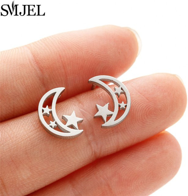 SMJEL Ohrstecker Edelstahl, Mond und Stern, Damen, Mädchen - Bild 1