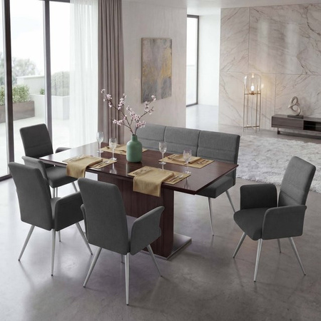 MCW Esszimmer-Set G55 5-teilig mit 4 Esszimmerstühlen mit Armlehnen und einer Sitzbank, Farbe Grau-Braun, Stoff und Edelstahl, Bank Breite: 180 cm