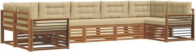 vidaXL 7-teilige Sofagarnitur aus Massivholz Akazie in Natur und Beige mit L-Form und wetterfesten Kissen - Bild 1