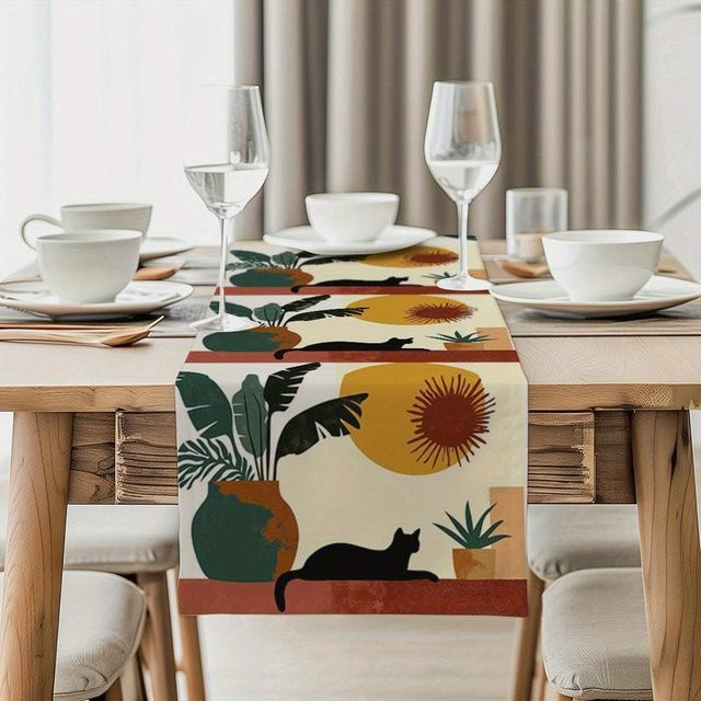 Nordischer Retro Tischläufer von JMG Household Supplies mit Katzen- und Pflanzenmuster in Grau, B/T/H: 140 x 40 cm - Bild 1