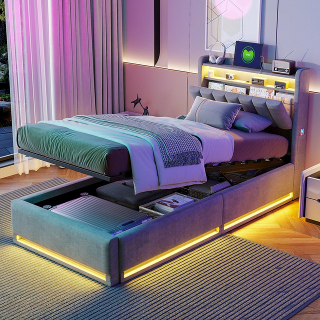 Rosahqnda Polsterbett in Grau mit LED-Beleuchtung, USB-Anschluss und Stauraum, Breite: 90 cm, Länge: 200 cm - Bild 1
