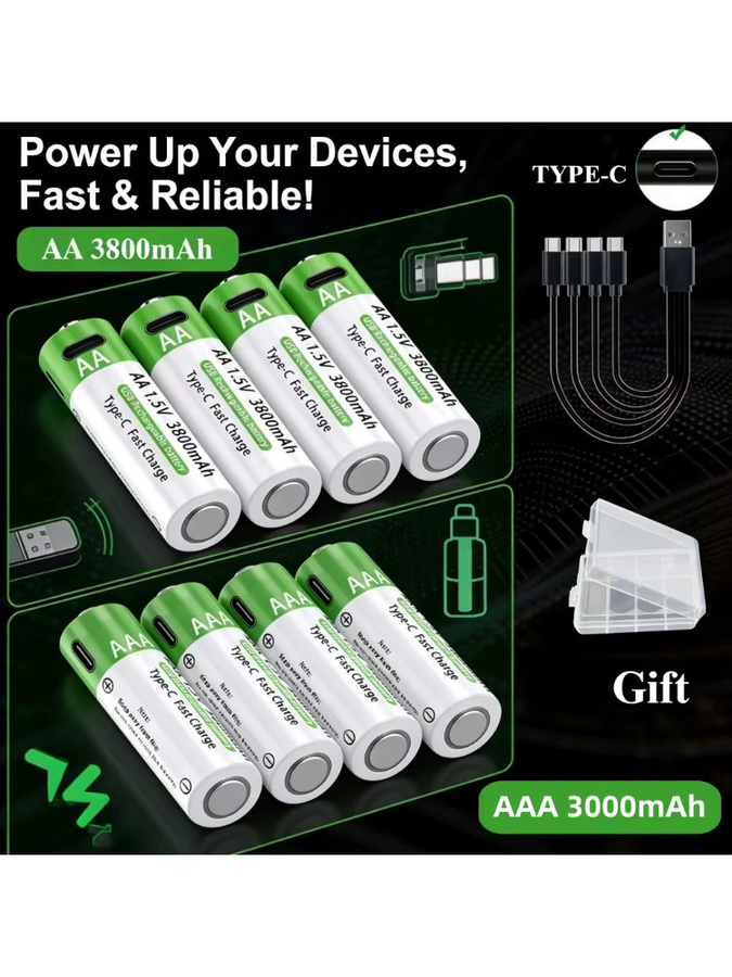WHITECRANE USB-C Wiederaufladbare AA AAA Lithium Batterien mit 3000mAh Hochkapazität - Bild 3