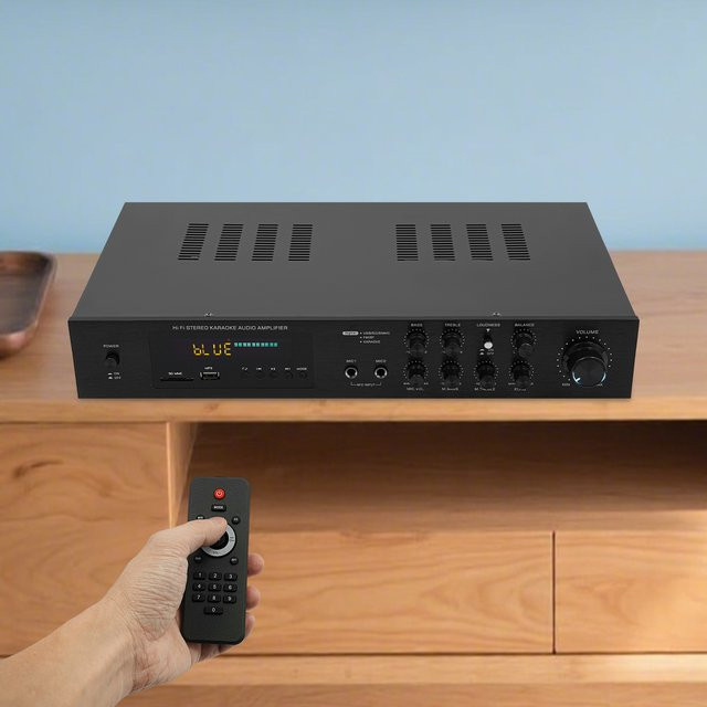Bymaocar Audio-Leistungsverstärker in Schwarz mit Bluetooth, USB, RCA Aux und 2 Mikrofon-Eingängen inklusive Fernbedienung - Bild 1