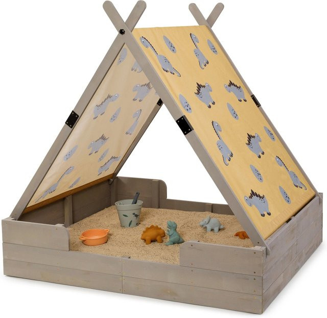 MUDDY BUDDY Sandkasten Dino Lover mit Zelt aus Zypressenholz in Warmgrau - Bild 1