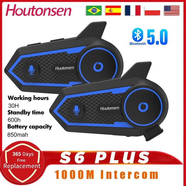 Houtonsen S6 Plus Motorrad Helm Bluetooth V5.0 Headset Intercom mit 5,2 mAh Akku und MP3-Player, Schwarz - Bild 1