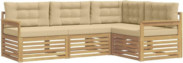 vidaXL Outdoor-Sofagarnitur in L-Form aus Akazienholz mit Kissen, 5-teilig, Weiß und Beige - Bild 1