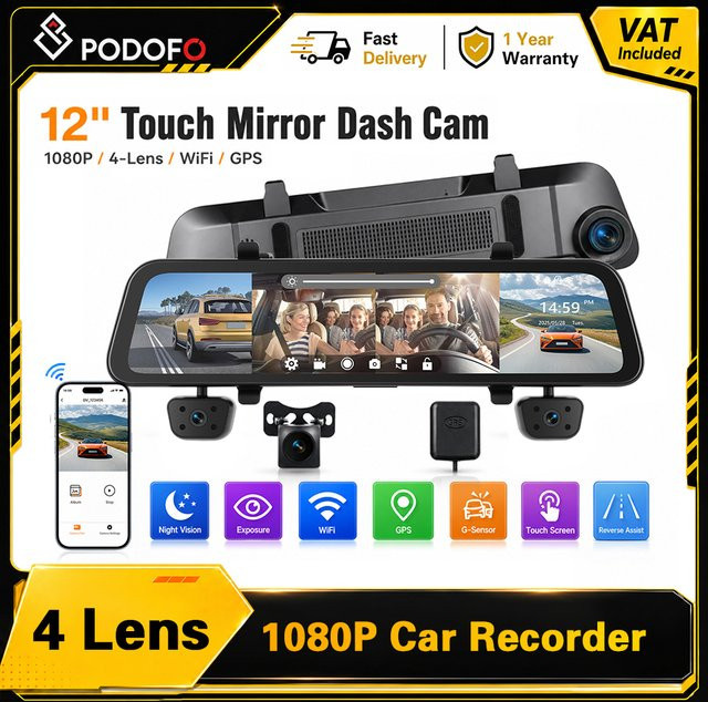 Podofo Dashcam Rückspiegel mit 12 Zoll Touchscreen, 4x1080P Kameras, GPS und 360 Grad Surround-Nachtsicht in Schwarz - Bild 1