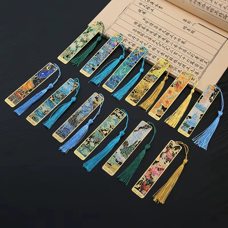 Vintage-Lesezeichen aus Metall mit Blumenmuster und Goldfolienprägung in Gold, Blau und Multicolour mit Quaste im Ölgemälde-Stil - Bild 3