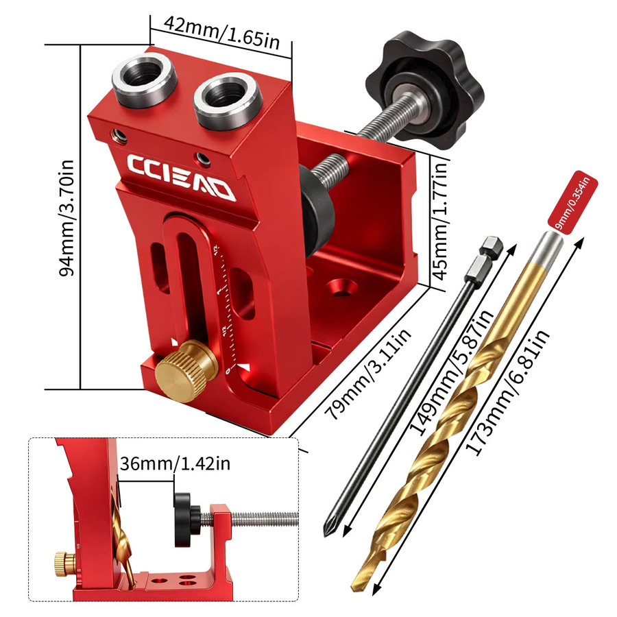 GDART Taschenloch-Bohrschablonen-Set aus Aluminiumlegierung in Rot mit Bohrer zur Schrägloch-Lokalisierung für die Holzbearbeitung und Möbelherstellung - Bild 4
