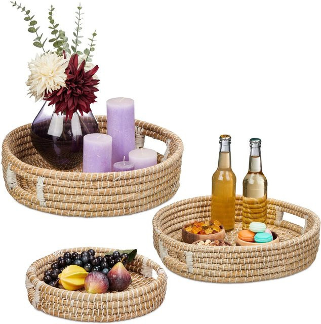 Relaxdays Serviertablett 3er Set aus Seegras in Natur Beige mit Griffen - Bild 1