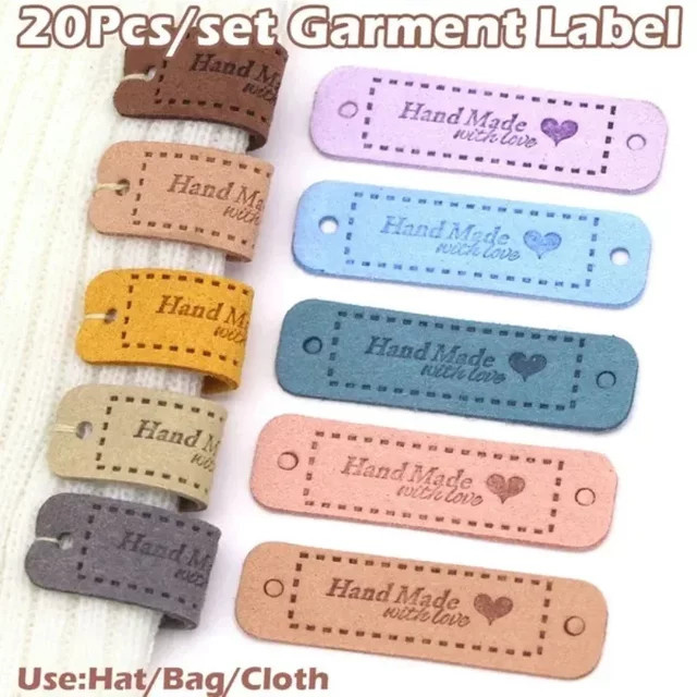 20er Set PU Leder Etiketten mit Aufschrift Mit Liebe handgemacht in Gelb und Mehrfarbig für Kleidung, Taschen und DIY Nähprojekte - Bild 1