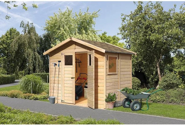 Karibu Holz-Gartenhaus Natur Unbehandelt Braun B/T/H: 245 x 177 x 253 cm - Bild 1