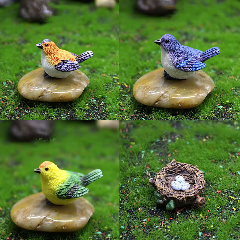 4er Set Birdie Figuren aus Kunstharz als Micro Landschaft Ornamente mit Vogelnest und Eiern in Mehrfarbig für Bonsai und Puppenhaus Dekoration - Bild 4