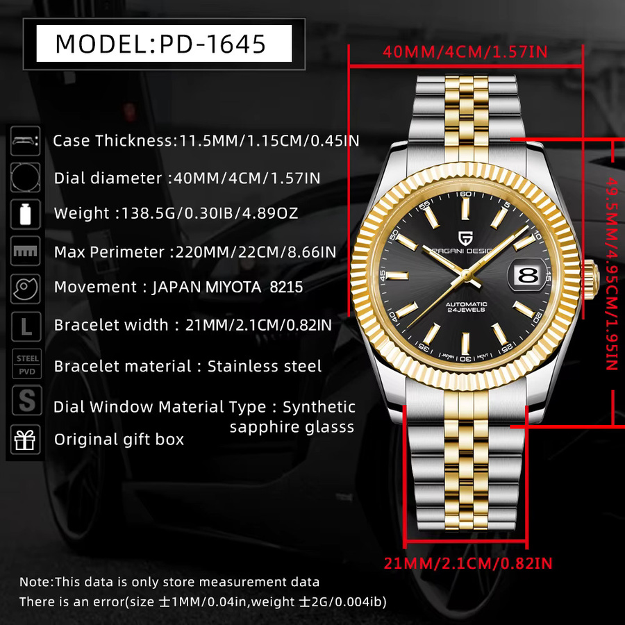 PAGANI DESIGN Armbanduhr, Automatik, Edelstahl, Schwarz-Gold, Herren - Bild 6