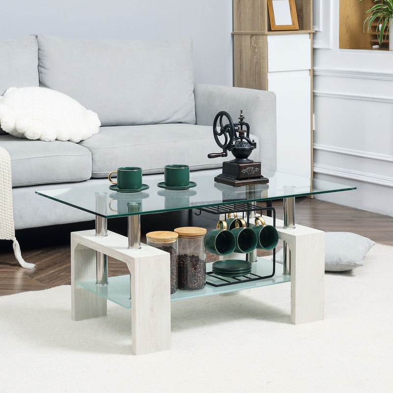 HOMCOM Couchtisch mit 2 Ebenen in Weiß, moderner Wohnzimmertisch mit Glasplatte und Metallgestell, B/T/H: 90 x 50 x 42 cm - Bild 2