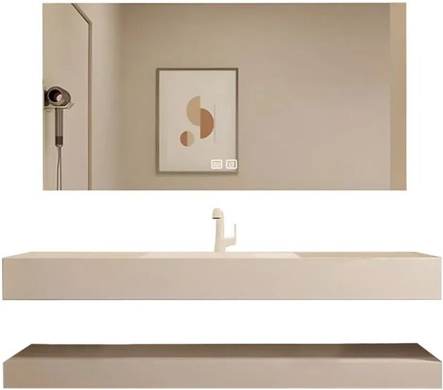 360Home Waschbecken Set Beige aus Sinterstein mit LED Spiegel und Ablageplatte, B: 110 cm, T: 55 cm - Bild 1