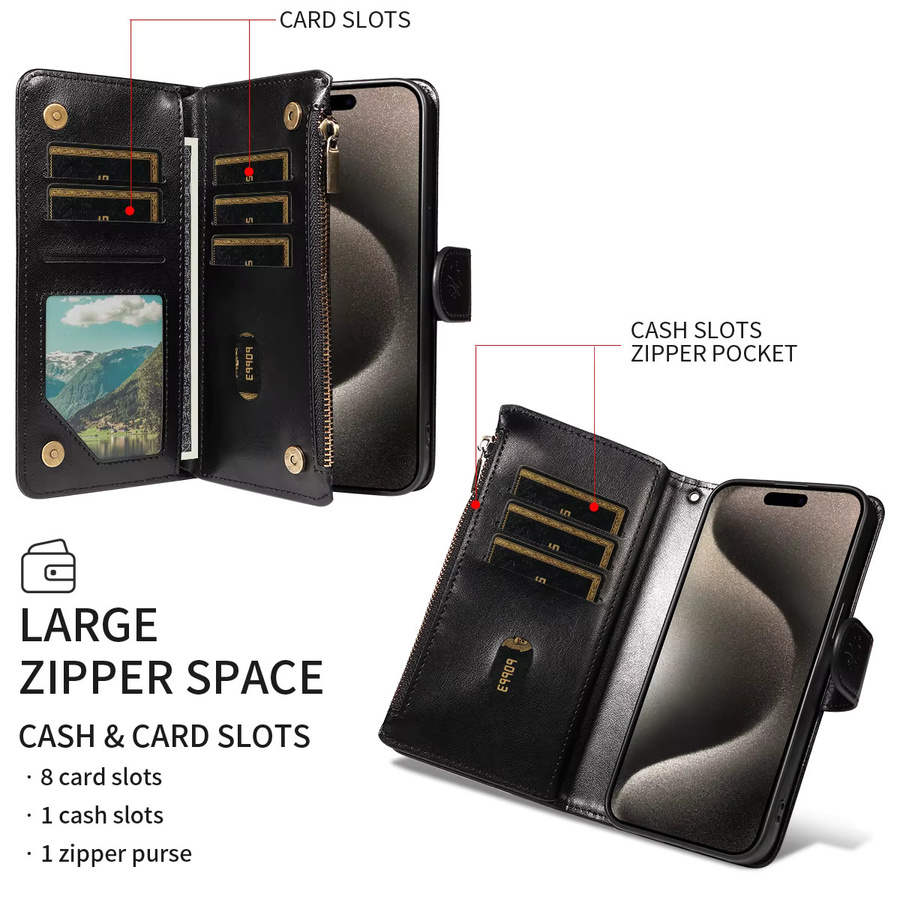Multifunktions-Handyhülle aus PU-Leder mit Reißverschluss als Flip Wallet Case für iPhone 16 Pro Max 15 14 13 12 11 7 8 X XS XR in Schwarz oder Braun - Bild 3