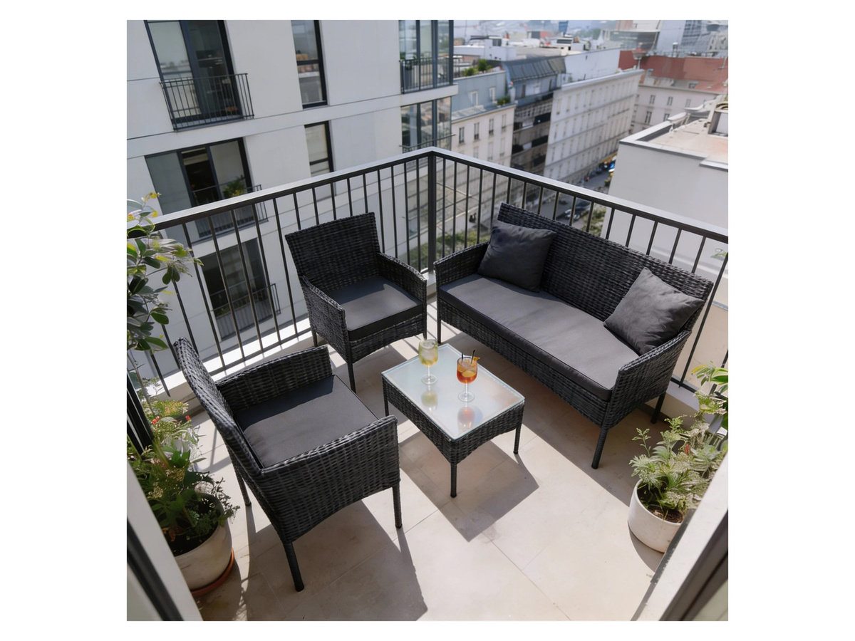 Juskys Polyrattan Gartenmöbel-Set Fort Myers in Schwarz mit Tisch, Sofa, 2 Stühlen und Auflagen in Dunkelgrau - Bild 3