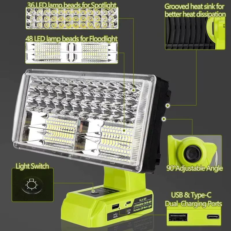 40 W Arbeitslicht mit 4200 lm und 5 V/2,1 A USB-Anschluss für 18 V/20 V Akkus von Makita, Milwaukee, Dewalt, Bosch, Black&Decker, Craftsman und Ryobi - Bild 4