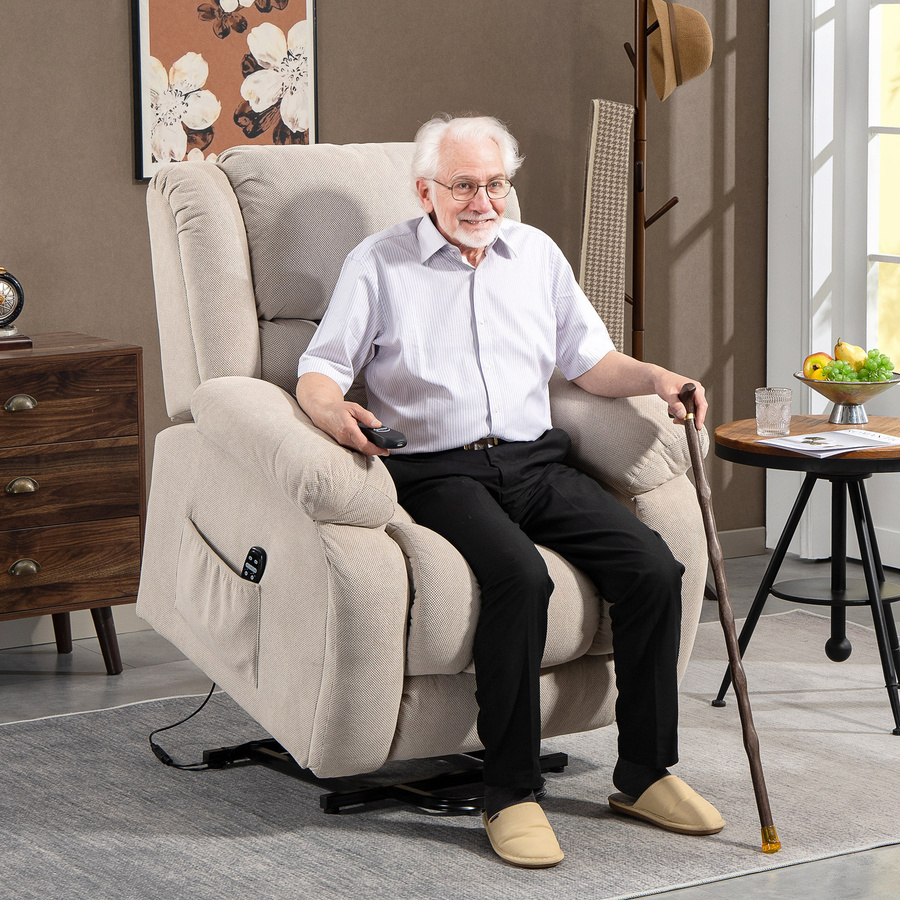 HOMCOM Elektrischer Aufstehsessel Beige mit Massagefunktion, Heizfunktion und USB-Port, 150 Grad neigbarer Relaxsessel aus Stoff für Senioren mit Fußstütze und 2 Fernbedienungen - Bild 2