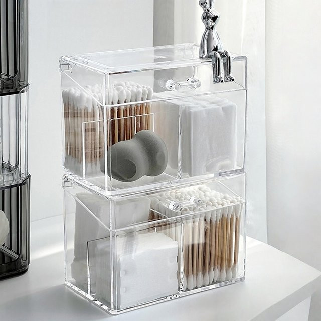 Multifunktionale Aufbewahrungsbox aus Acryl in Transparent zur Organisation von Make-up, Wattestäbchen und Haaraccessoires - Bild 1