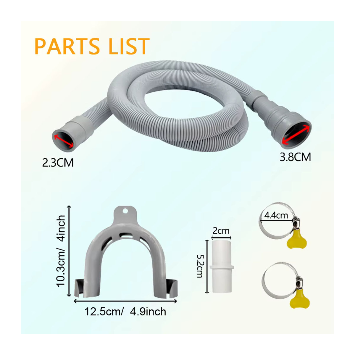 1-teiliges Abflussrohr-Set für Waschmaschinen und Geschirrspüler mit flexiblem Wellrohr, Verlängerungsadapter und Schlauchschelle in Grau - Bild 2