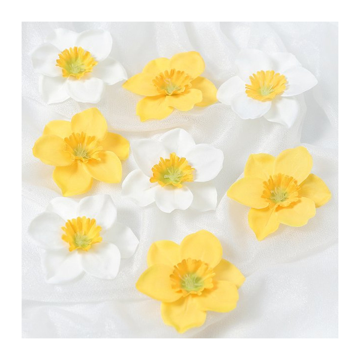 10 oder 20 Stück Künstliche Narzissen Blumenköpfe in Weiß und Gelb für DIY Dekorationen und Hochzeiten, Durchmesser: 6 cm - Bild 1