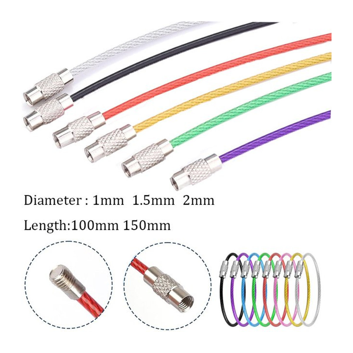 10 Stück bunte Edelstahldraht Schlüsselanhänger mit Schraubverschluss in den Längen 10 cm, 15 cm und 20 cm, mehrfarbig und grün - Bild 1
