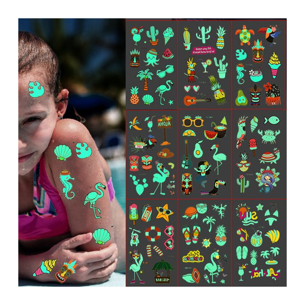 10 Stück hawaiianische Tattoo-Aufkleber mit Flamingo-Motiv, leuchtende Strandparty-Aufkleber für Aloha Luau und Geburtstagsdekoration, mehrfarbig - Bild 1