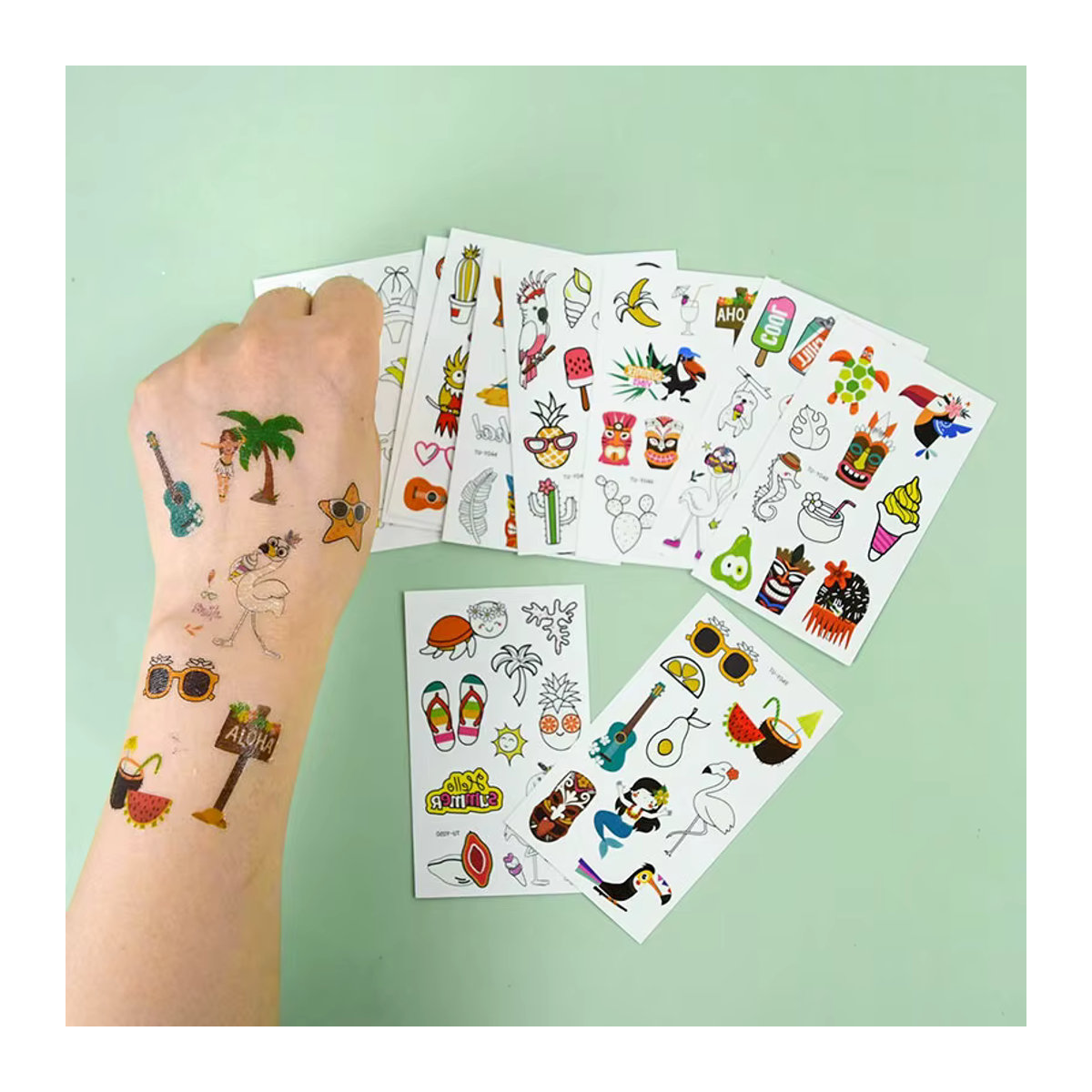 10 Stück hawaiianische Tattoo-Aufkleber mit Flamingo-Motiv, leuchtende Strandparty-Aufkleber für Aloha Luau und Geburtstagsdekoration, mehrfarbig - Bild 2