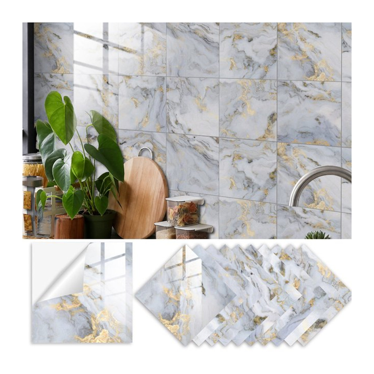 10 Stück HiMISS Fliesenaufkleber aus Kunststoff in Weiß, quadratisch mit abstraktem Glamour-Design, wasserdicht und ölbeständig für Küche und Badezimmer - Bild 1