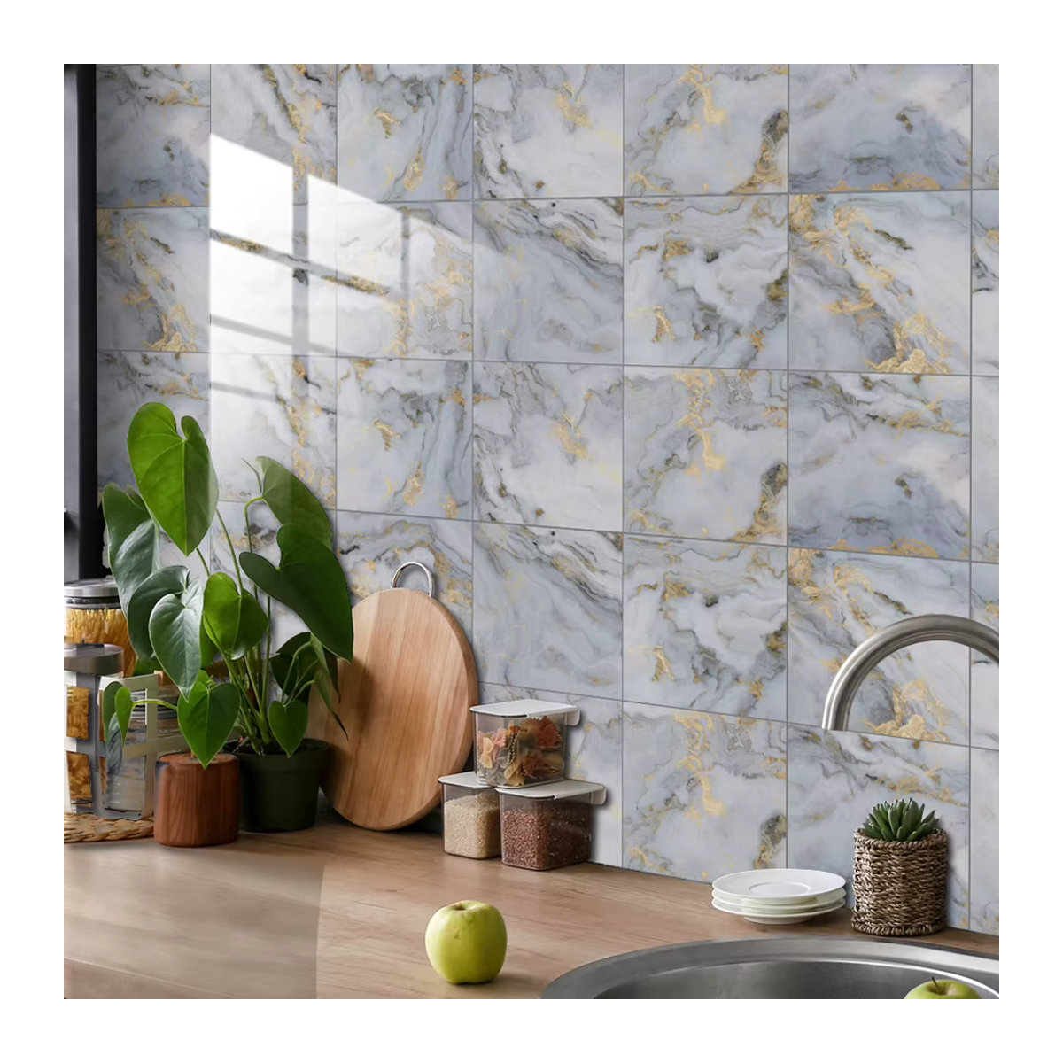 10 Stück HiMISS Fliesenaufkleber aus Kunststoff in Weiß, quadratisch mit abstraktem Glamour-Design, wasserdicht und ölbeständig für Küche und Badezimmer - Bild 4