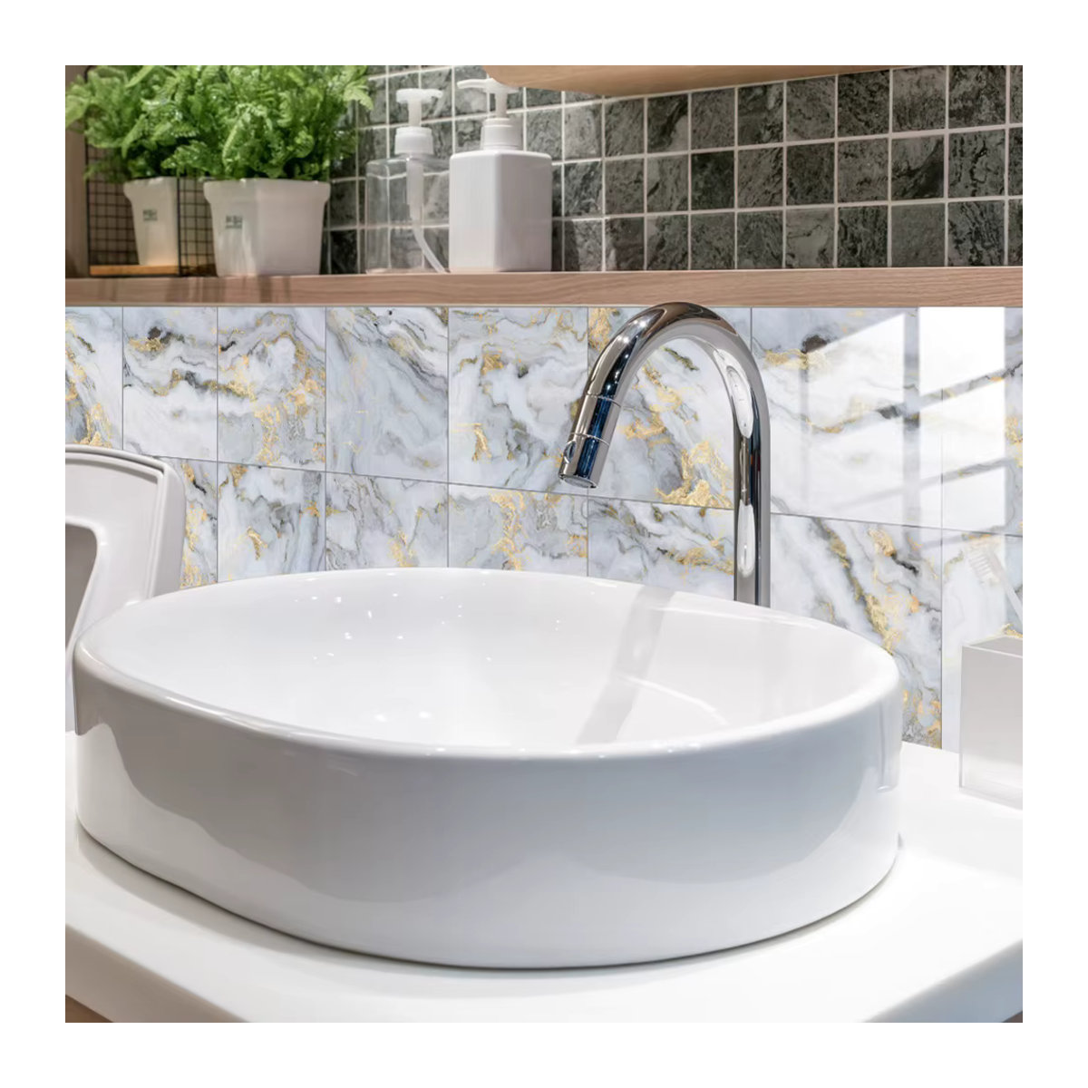 10 Stück HiMISS Fliesenaufkleber aus Kunststoff in Weiß, quadratisch mit abstraktem Glamour-Design, wasserdicht und ölbeständig für Küche und Badezimmer - Bild 6