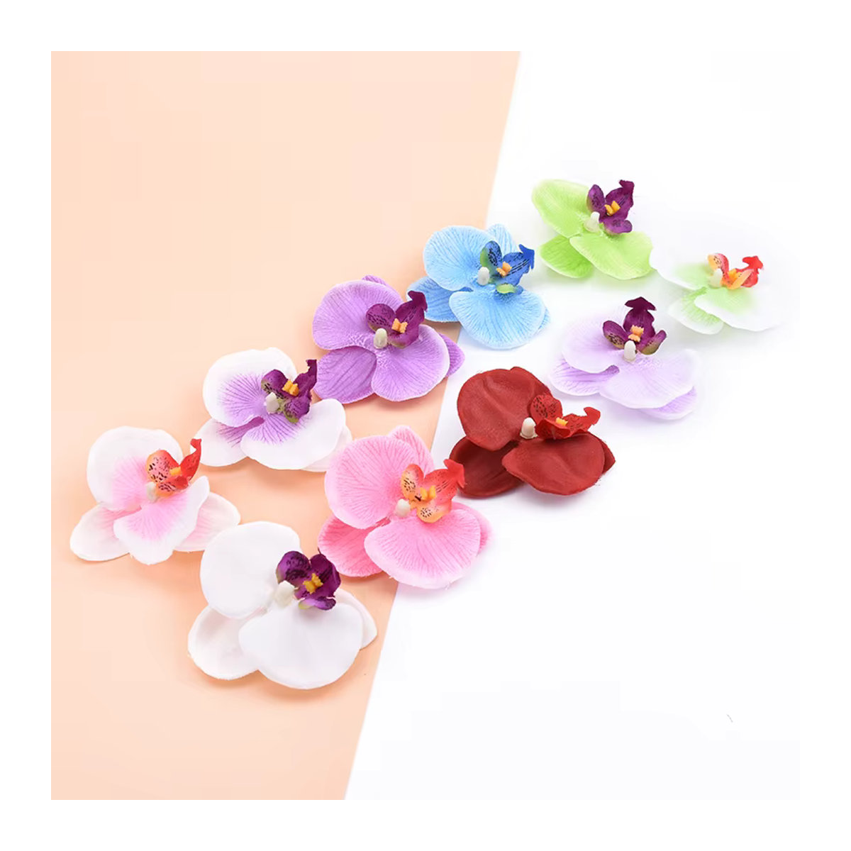 10 Stück künstliche Orchideen Blumen aus Textil für DIY Kränze und Scrapbooking, Durchmesser: 6 cm, Farben: Weiß, Rot und Mehrfarbig - Bild 2