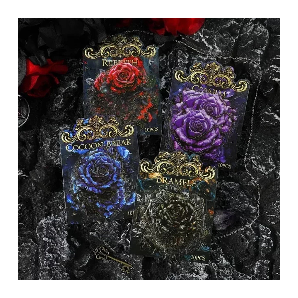 10 Stück Leaffei Rose Serie DIY Sticker Set, Retro Gothic Floral Design, B/H: 17,8 x 11,3 cm - Bild 1