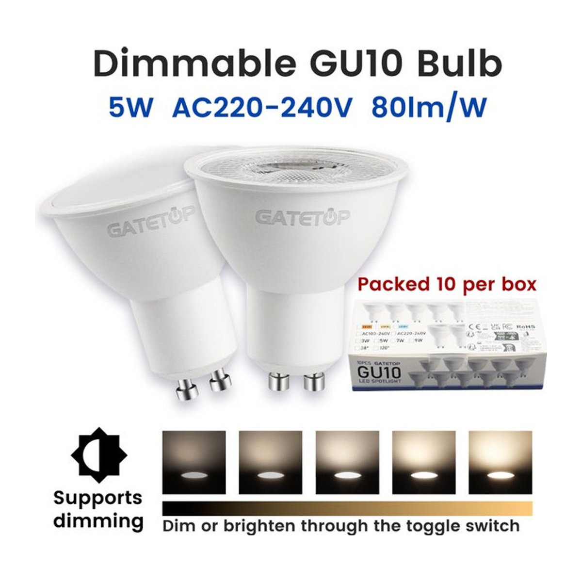 10 Stück LED Einbaustrahler 5 W dimmbar AC 220 V in Weiß mit 50 mm Durchmesser für Deckenbeleuchtung und Vitrinen - Bild 1