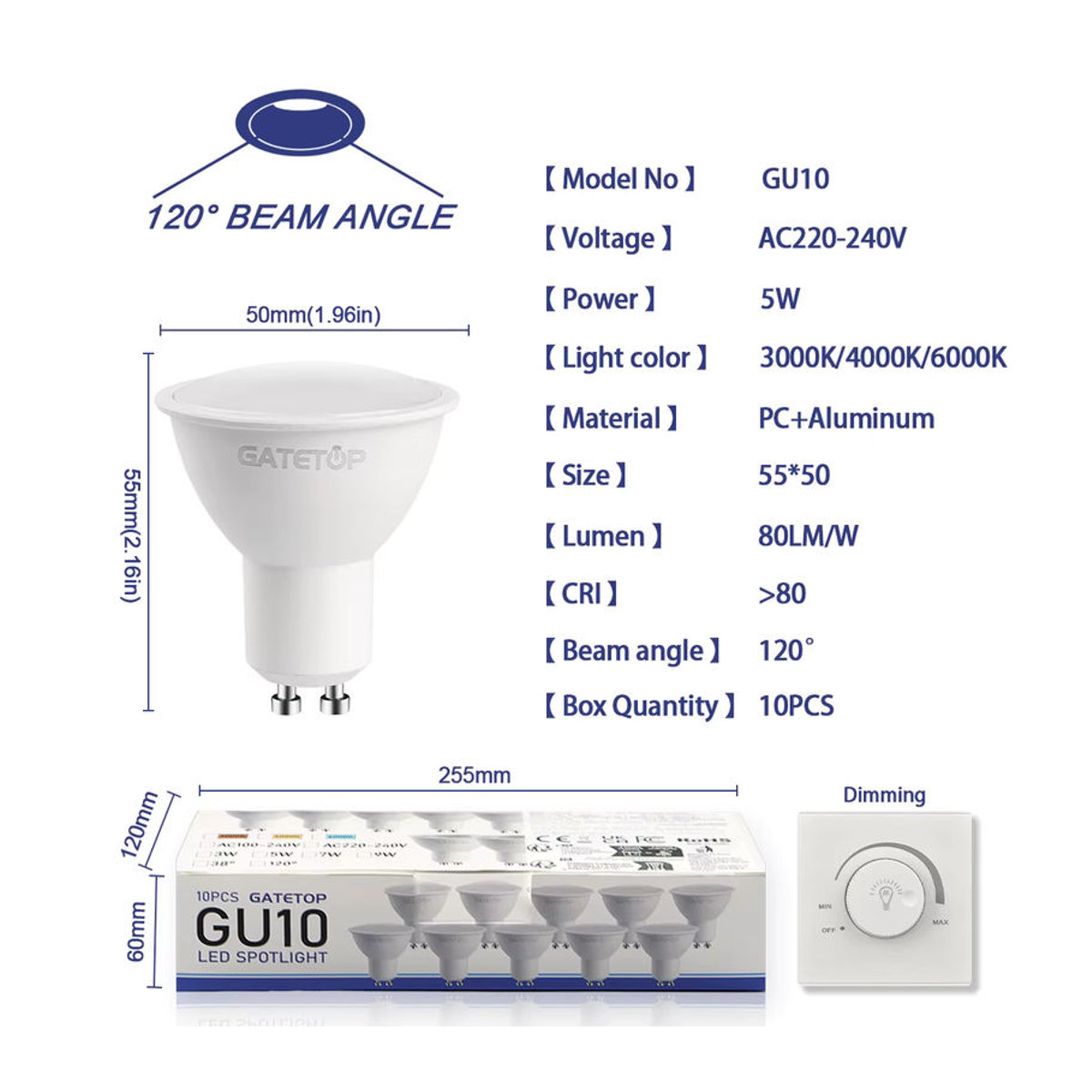 10 Stück LED Einbaustrahler 5 W dimmbar AC 220 V in Weiß mit 50 mm Durchmesser für Deckenbeleuchtung und Vitrinen - Bild 2