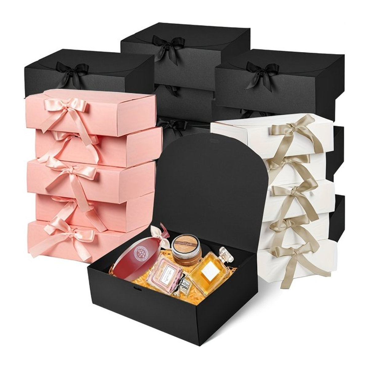 10 Stück luxuriöse Geschenkboxen aus Papier mit Deckel und Band in Pink und Mehrfarbig für Hochzeiten, Geburtstage und Partys - Bild 1