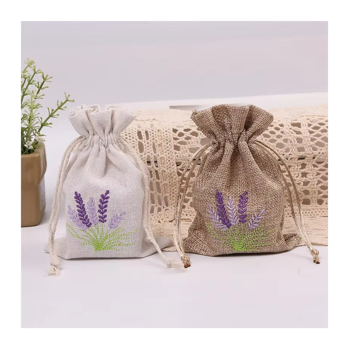 10 Stück merylover Stickerei-Lavendelbeutel aus Textil in Beige und Mehrfarbig, florale Aroma-Beutel für Trockenblumen, rechteckig und rustikal - Bild 1