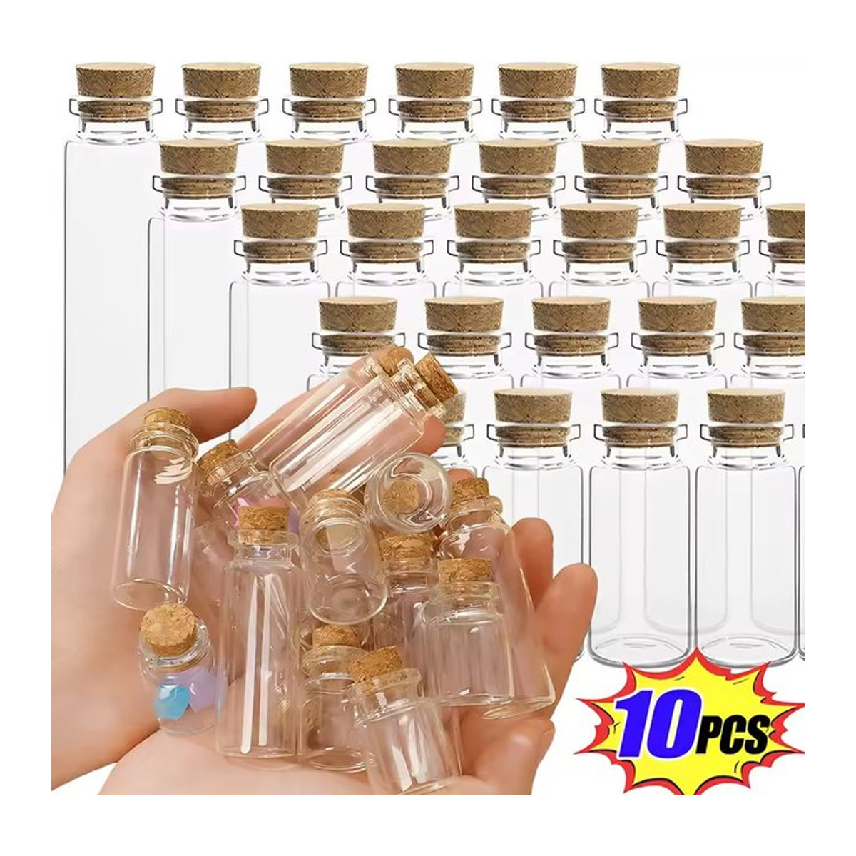 10 Stück Mini-Glasflaschen mit Korkstopfen in Transparent für DIY-Dekoration und Wunschflaschen - Bild 1