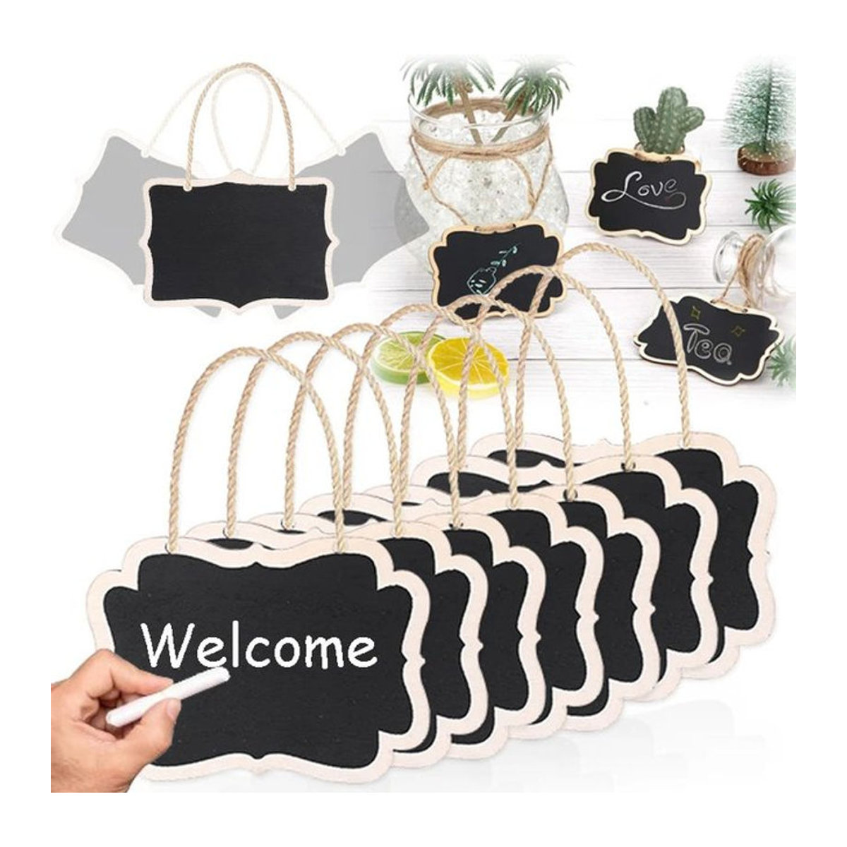 10 Stück Mini-Kreidetafel aus Holz in Schwarz, rechteckig mit Umhängeband, Landhaus-Stil, B: 6 cm, H: 8 cm - Bild 1