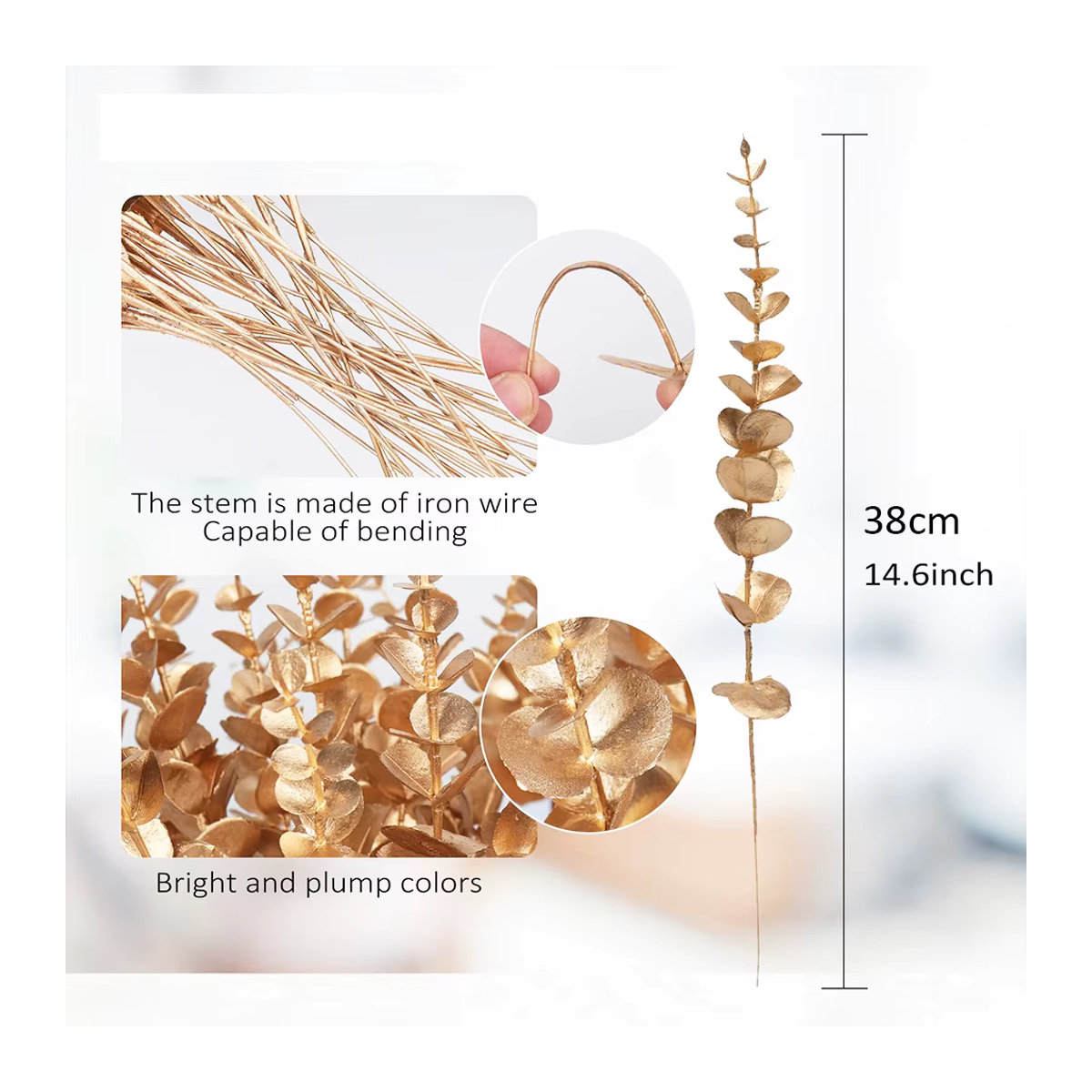 10 Stück MUFU künstliche Eukalyptusstiele in Gold, 38 cm Länge, ideale Dekoration für Hochzeit und Weihnachten - Bild 2