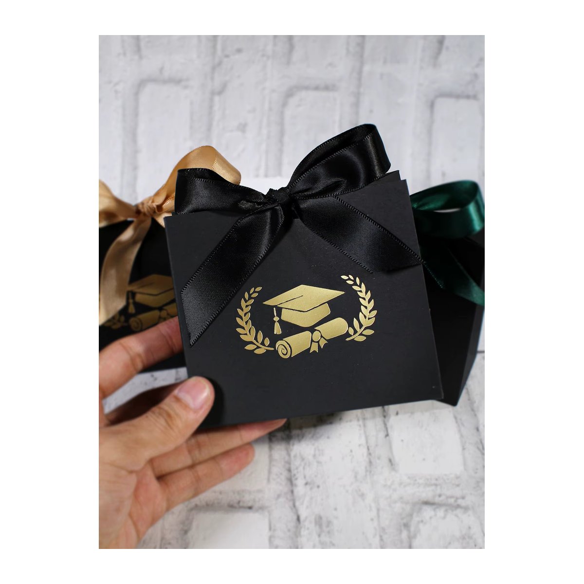 10 Stück RMTPT Geschenkboxen aus Papier in Schwarz-Gold mit geometrischem Muster für den Abschluss - Bild 5