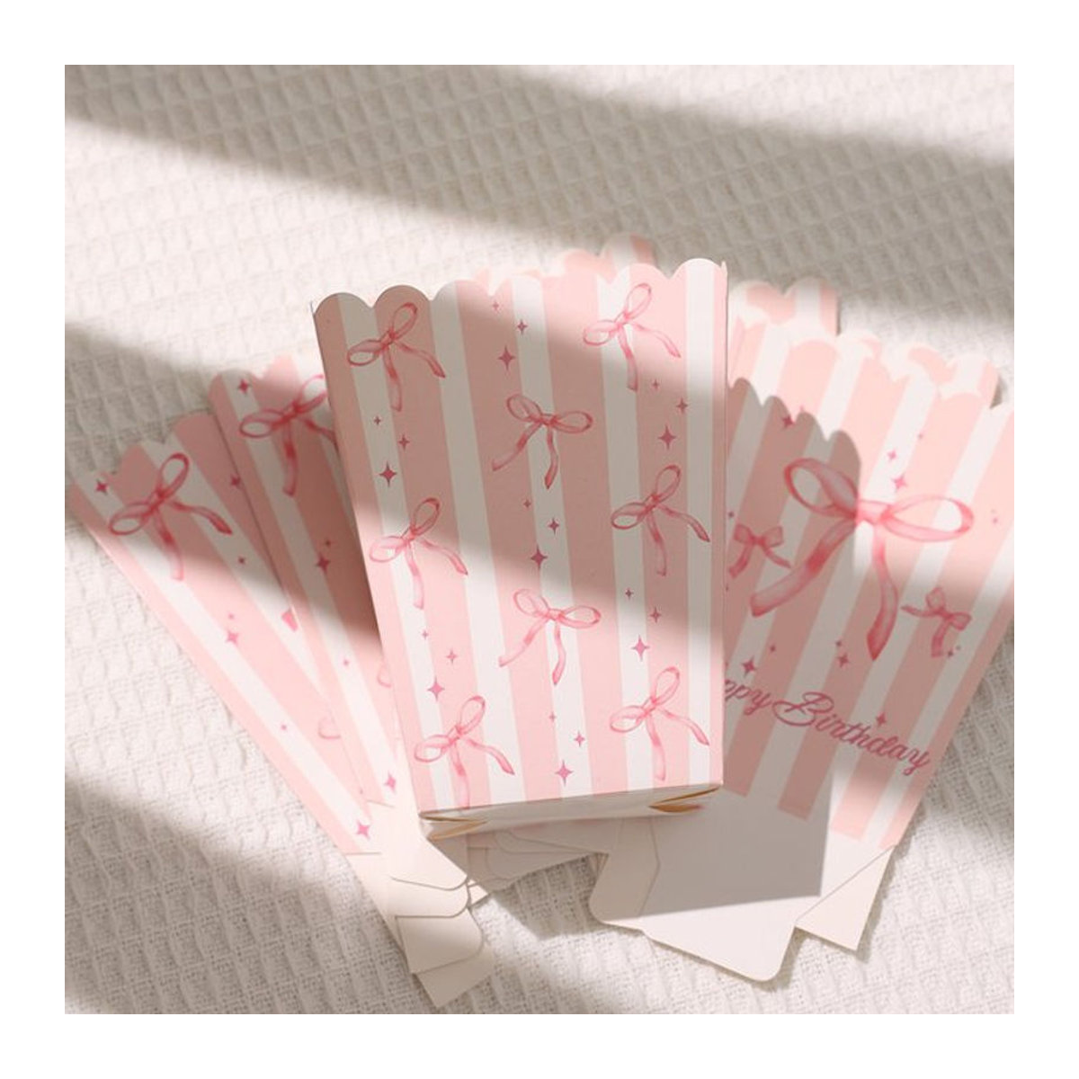 10 Stück rosa gestreifte Popcorn-Plätzchenboxen aus Papier mit Schleife als Partydekoration für Kindergeburtstage und Babypartys - Bild 1