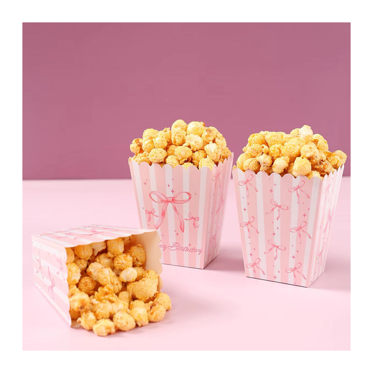 10 Stück rosa gestreifte Popcorn-Plätzchenboxen aus Papier mit Schleife als Partydekoration für Kindergeburtstage und Babypartys - Bild 2