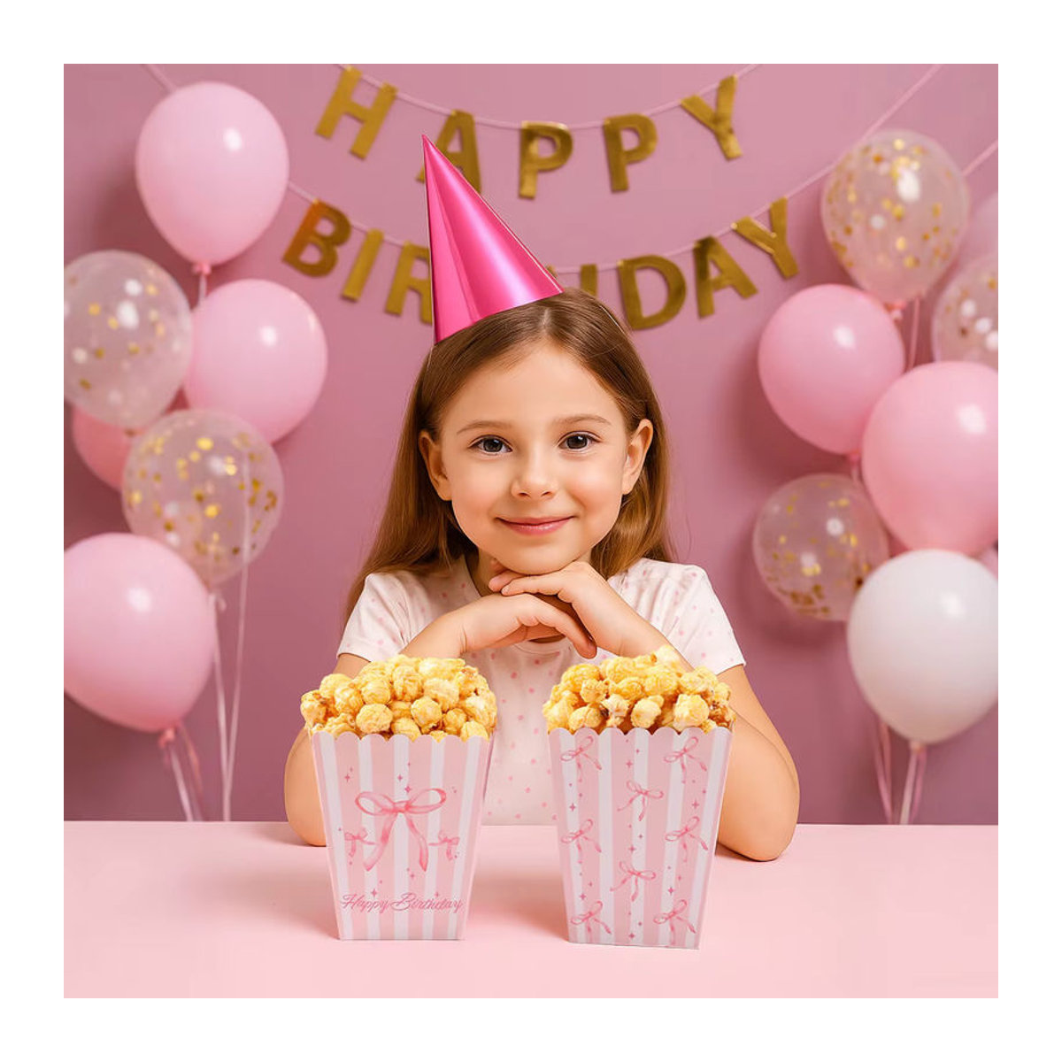 10 Stück rosa gestreifte Popcorn-Plätzchenboxen aus Papier mit Schleife als Partydekoration für Kindergeburtstage und Babypartys - Bild 3