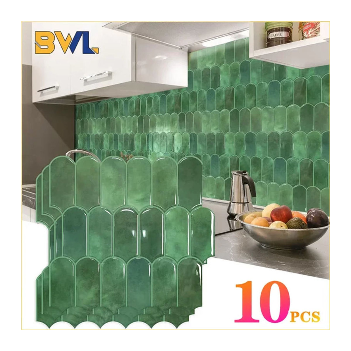 10 Stück selbstklebende 3D-Wandaufkleber in Fischschuppen-Optik von Trebalena, grün, geometrisches PVC-Fliesen-Design für Küche und Badezimmer - Bild 1